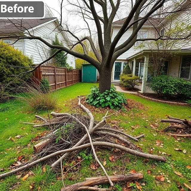 Before tree removal - overgrown yard with fallen branches in Onondaga MI
